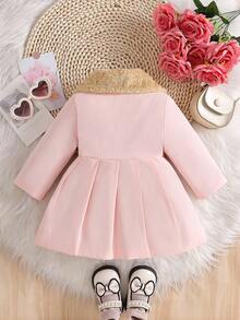 SHEIN 女婴仿毛领蝴蝶结装饰羊毛夹克，秋冬款 - 彩色 - 查看 2