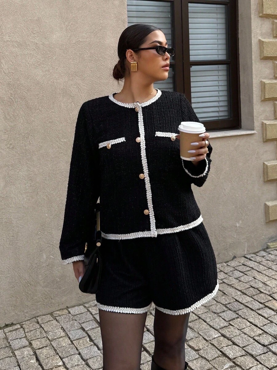 Dripcurv 大码女式秋冬黑色长袖外套和短裤两件套，撞色滚边，优雅都市通勤风格，适合新年穿着。