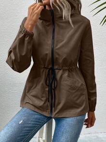 EMERY ROSE Women's Casual Drawstring Waist Hooded Pocket Jacket - Chocolate Brown - View 3