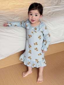 Dazy Kids Baby Girl All-Over Print Ruffle Hem Casual Loungewear, Suitable For Spring/Summer, Toddler Fall Clothes - Blue - View 3