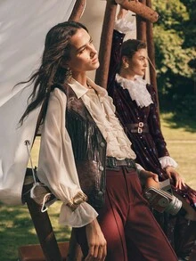 Anewsta 时尚高腰裤，配金属扣腰带，适合通勤，优雅，别致，秋冬，新年，勃艮第酒红色 - 中紫紅色 - 查看 9