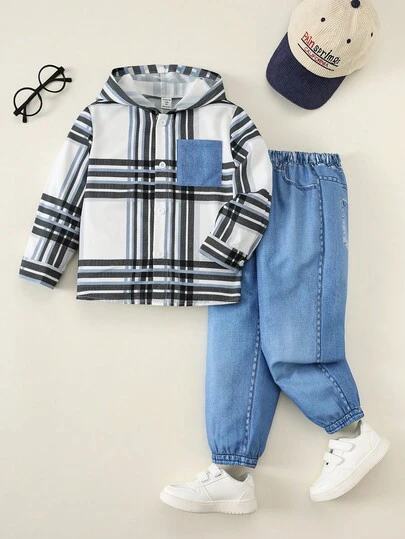 SHEIN 2 件儿童男童休闲舒适连帽夹克，适合秋冬季通勤、上学、户外活动