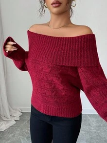 Elenzga Damen lässiger, weiter einfarbiger Pullover, Off-Shoulder, Langarm - Rot - Übersicht 5