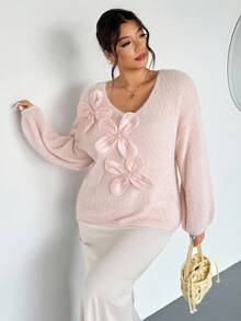 Firerie Maglione lavorato a maglia con maniche lunghe, scollo a V, comodo e morbido, decorato con fiori rosa, adatto per San Valentino, concerti, performance, appuntamenti, cene formali, gala, matrimoni, sexy, elegante, pendolarismo, ritorno a scuola, vacanze, spiaggia, romantico e grazioso, chic da ufficio, stile sirena, feste di compleanno in autunno/inverno - Rosa - Visualizzare 6