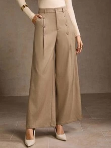 MOTF PREMIUM 女式卡其裤，独特设计，纽扣开合，高腰修身阔腿裤 - 卡其色 - 查看 1