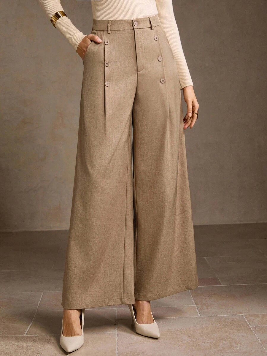 MOTF PREMIUM 女式卡其裤，独特设计，纽扣开合，高腰修身阔腿裤 - 卡其色 - 查看 1