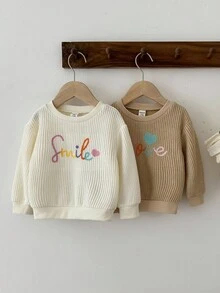 LMoss Kids LMoss  2pcs Baby Girl Knitted Solid Color Letter Embroidered Crew Neck Casual Sweatshirt Set,Winterclothes For Baby Fall - Multicolor - View 4