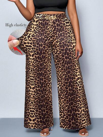 SOLERSUN Pantalones de pierna ancha con detalle de cinturón de estampado de leopardo para mujer de talla grande, adecuados para todas las estaciones, apropiados para fiestas, conciertos, estilo diario de viaje, festivales de música, romance, Día de San Valentín, vacaciones, vuelta al colegio, primavera, verano, otoño e invierno, versátiles, compras con la mejor amiga, disfraces de Halloween, Año Nuevo, decoración metálica