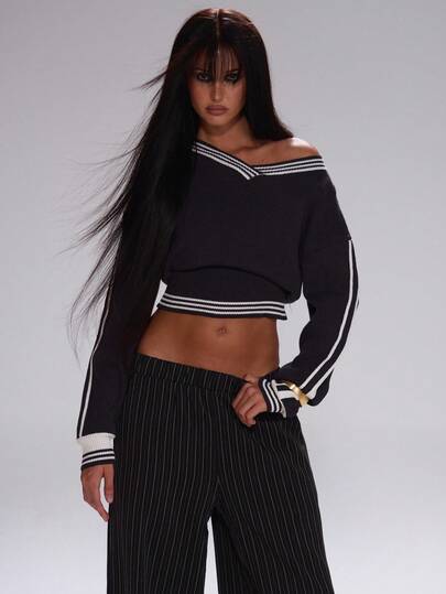 MUSERA Suéter con cuello en V de punto, detalle de rayas, cintura ceñida, lindo para otoño, vuelta al colegio, casual, trabajo, ropa de calle, corporativo