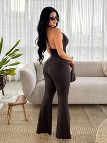 SHEIN SXY 2件套休闲天蓝色吊带上衣和裤子套装 - 咖啡棕 - 查看 2