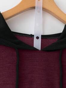 Linhara Plus Size Women's Colorblock Long Sleeve Casual Drawstring Hooded Sweatshirt, Autumn - Burgundy - View 4