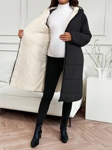 SHEIN Autumn And Winter Maternity Solid Color Long Sleeve Zipper Front Pocket Thermal Lined Casual Hooded Winter Jacket Maternity Long Jacket Women Winter Coats Winter Coats For Women Maternity Clothes Fall Winter Long Coats For Women