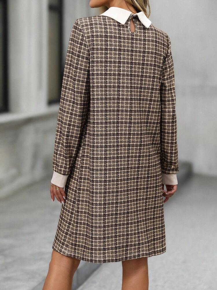 Women's Casual Plaid Mini Dress For Commuting, Autumn