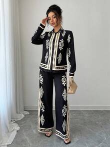 Breezaya 2 件套女士优雅风格花卉印花长袖衬衫和裤子套装 - 彩色 - 查看 6