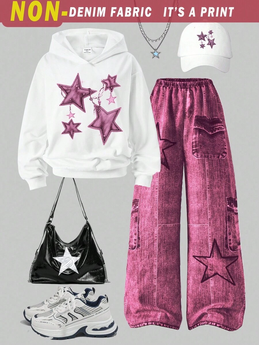 SHEIN 2 件套青少年女孩超大连帽长袖星星印花运动衫 + 舒适松紧腰宽松阔腿印花裤,街头服饰 - 粉色 - 查看 1