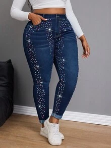 Slaydiva Quần jean bó sát đính đá thời trang cỡ lớn Quần jean lấp lánh Quần jean Diamante Quần jean cạp cao Quần jean đính đá Quần jean pha lê Quần jean denim và kim cương dành cho nữ Quần jean cạp cao đính đá lấp lánh - Rửa tối - Xem 6