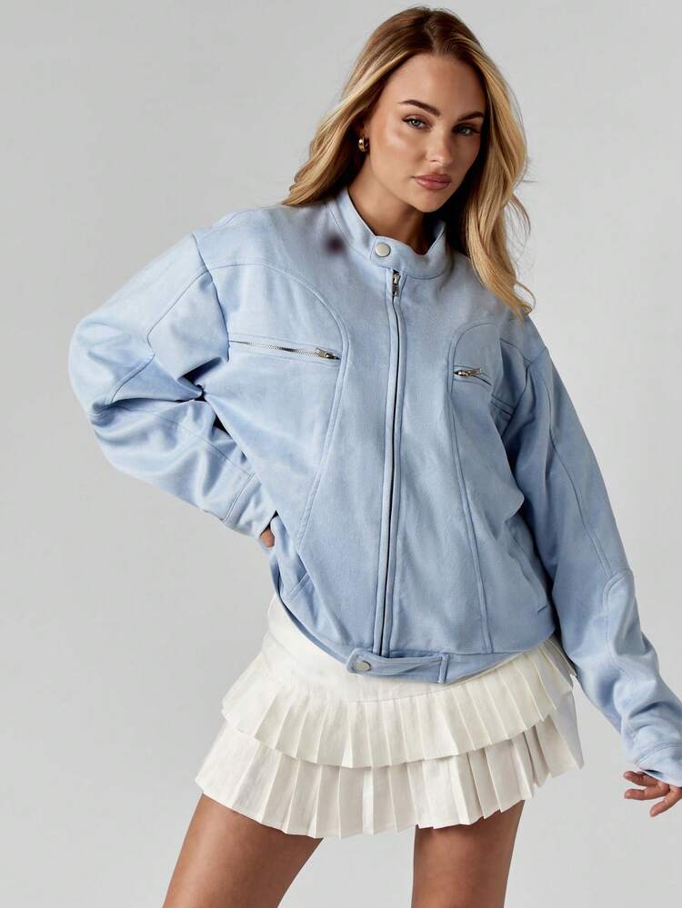 MISSGUIDED Women Winter Oversized Zip Up Jacket Baby Blue Suede Bomber Style Casual Street Fashion Crop Top Layer With Pockets Y2K Aesthetic