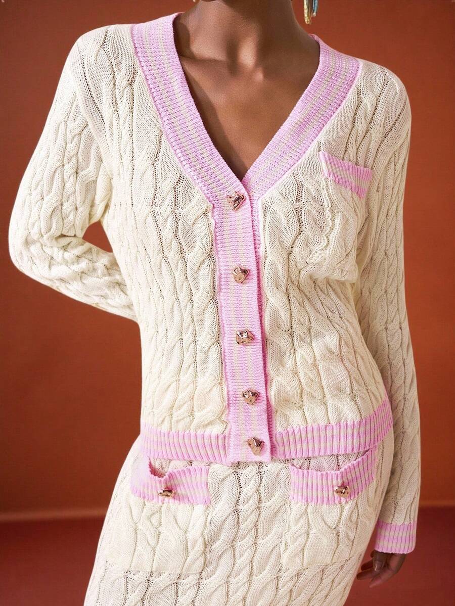 Zivah Conjunto de cárdigan con ribete de punto de cable y falda maxi con ribete rosa en contraste para otoño/invierno