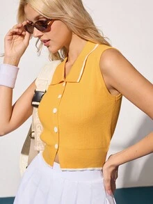 CourtClass CourtClass 女式撞色常规款无袖 Polo 领针织毛衣 黄色领口上衣 黄色网球上衣 黄色无袖上衣 女式网球上衣 黄色罗纹上衣 - 黃色 - 查看 3