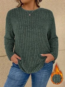 Vionelle 大码纯色保暖长袖T恤，秋冬休闲装 - 墨綠色 - 查看 4