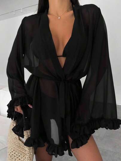 Swim Vcay Cubre-todo con volantes y lazo sexy de unicolor para mujer