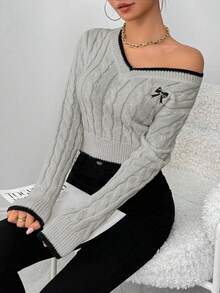 EMERY ROSE Autumn/Winter Fashion Butterfly Embroidery V-Neck Cable Knit Women Pullover Sweater - Light Grey - View 5
