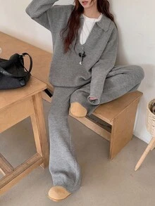 DAZY Setelan Kasual 2 Potong Wanita Warna Polos Lengan Panjang Model Bahu Longgar dan Celana Rajut, Musim Gugur - Grey - View 1