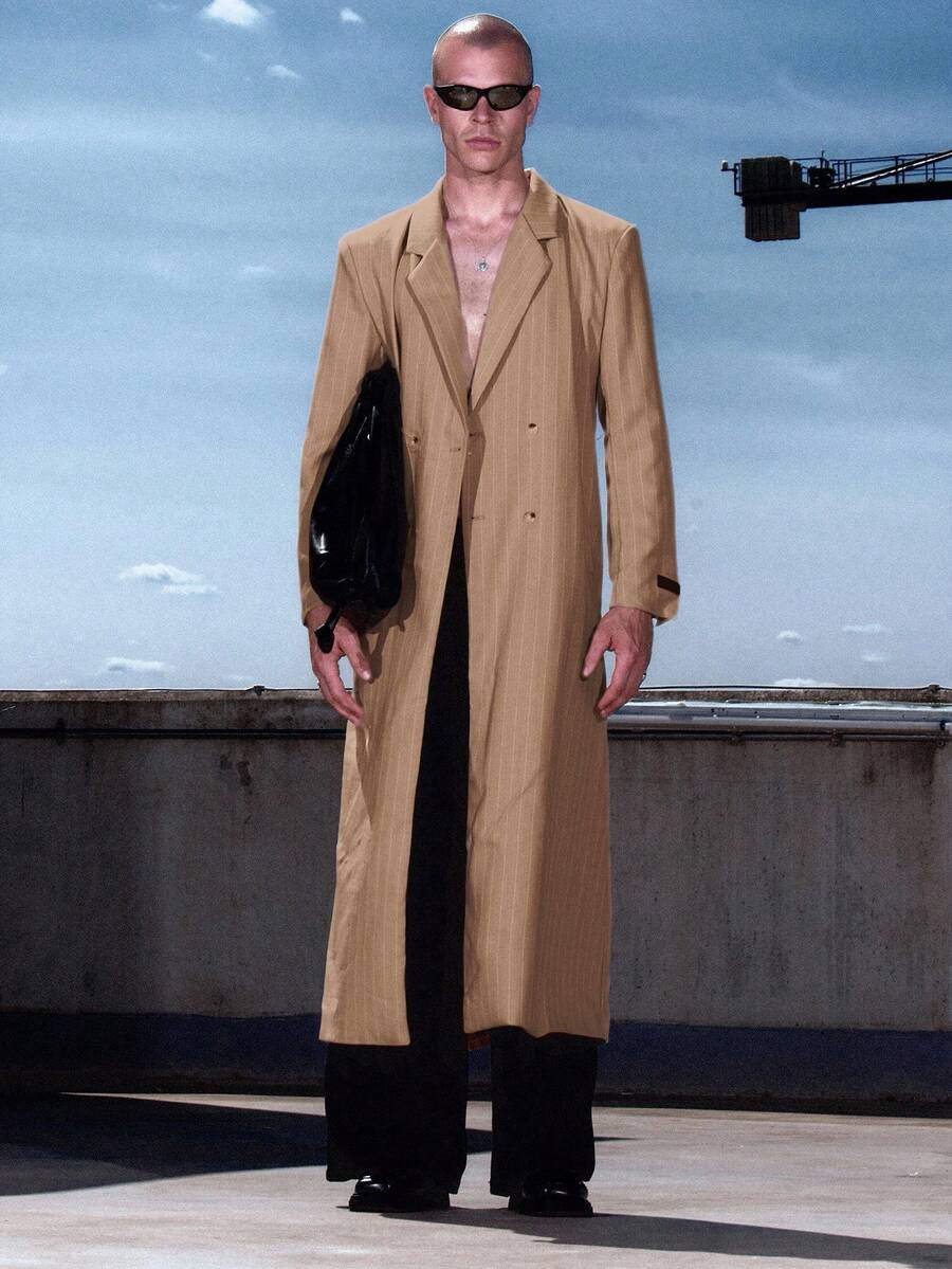 Musero Oversized Pinstripe 3D Embroidery Patch Overcoat Jacket Padded Shoulders Detailing Fall/Autumn Winter