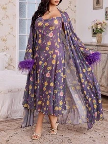 SHEIN 1 套：羽毛装饰长袖花卉印花网眼长袍 + 花卉印花网眼长吊带裙，加大码 - 彩色 - 查看 1