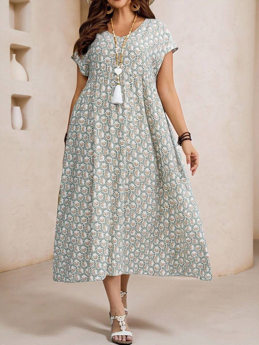 EMERY ROSE Plus Size All-Over Print V-Neck Casual Versatile Short Sleeve Dress,Fall Dresses For Women , Women's Fall Clothes