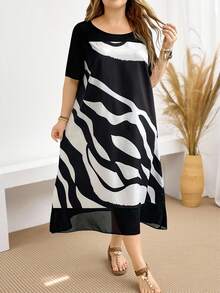 EMERY ROSE Plus Size Women's Short Sleeve Colorblock Printed Vacation Casual Blue And White Striped Dress