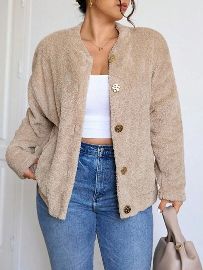 Lounesse 大码女式蓬松长袖夹克，杏色，金属纽扣装饰，休闲外套，女式秋冬装