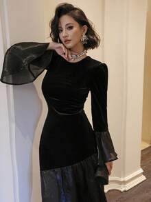 DAZY 女士优雅拼布中长连衣裙，秋季 - 黑色 - 查看 1
