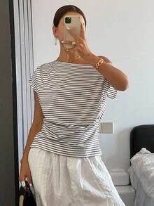 Livesso Striped Open Shoulder Ruched Fitted Short Sleeve Women's T-Shirt Summer - White - View 3