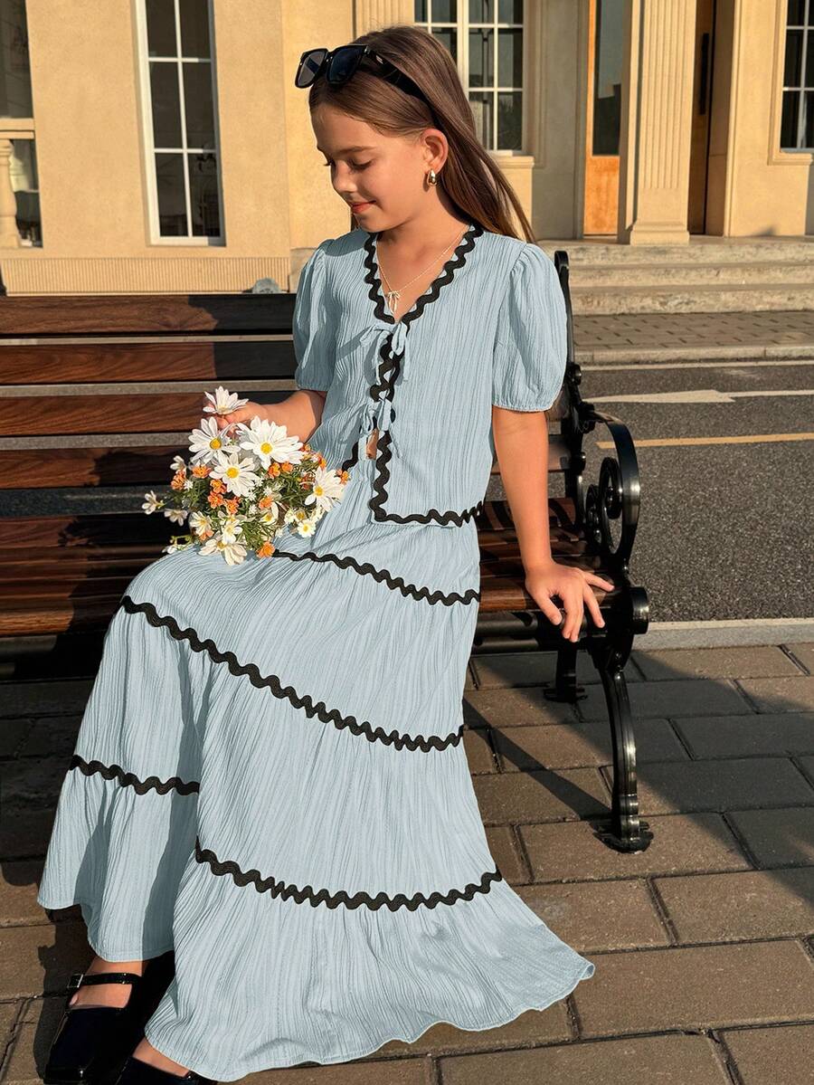 SHEIN Set 2 buc. Nova Glow pentru fete preadolescente, rochie elegantă în stil francez, cu mâneci tip felinar și volane, cu papion și fustă cu mâneci bufante