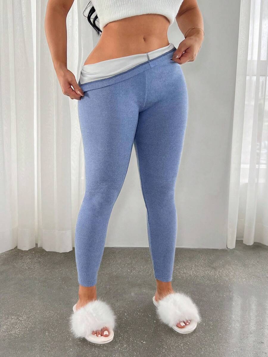 SHEIN SXY 女士休闲保暖牛仔效果打底裤，秋季，健身服，瑜伽裤，蓝色女士裤装 - 藍色 - 查看 1