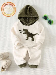 SHEIN 2件套男婴保暖恐龙图案连帽卫衣和裤子套装，舒适时尚休闲，适合室内、室外、日常穿着、运动、派对、秋冬季节度假穿着。冬季男婴服装，恐龙图案，男婴运动服，男婴连帽衫套装，秋季必备。 - 橄欖綠 - 查看 1