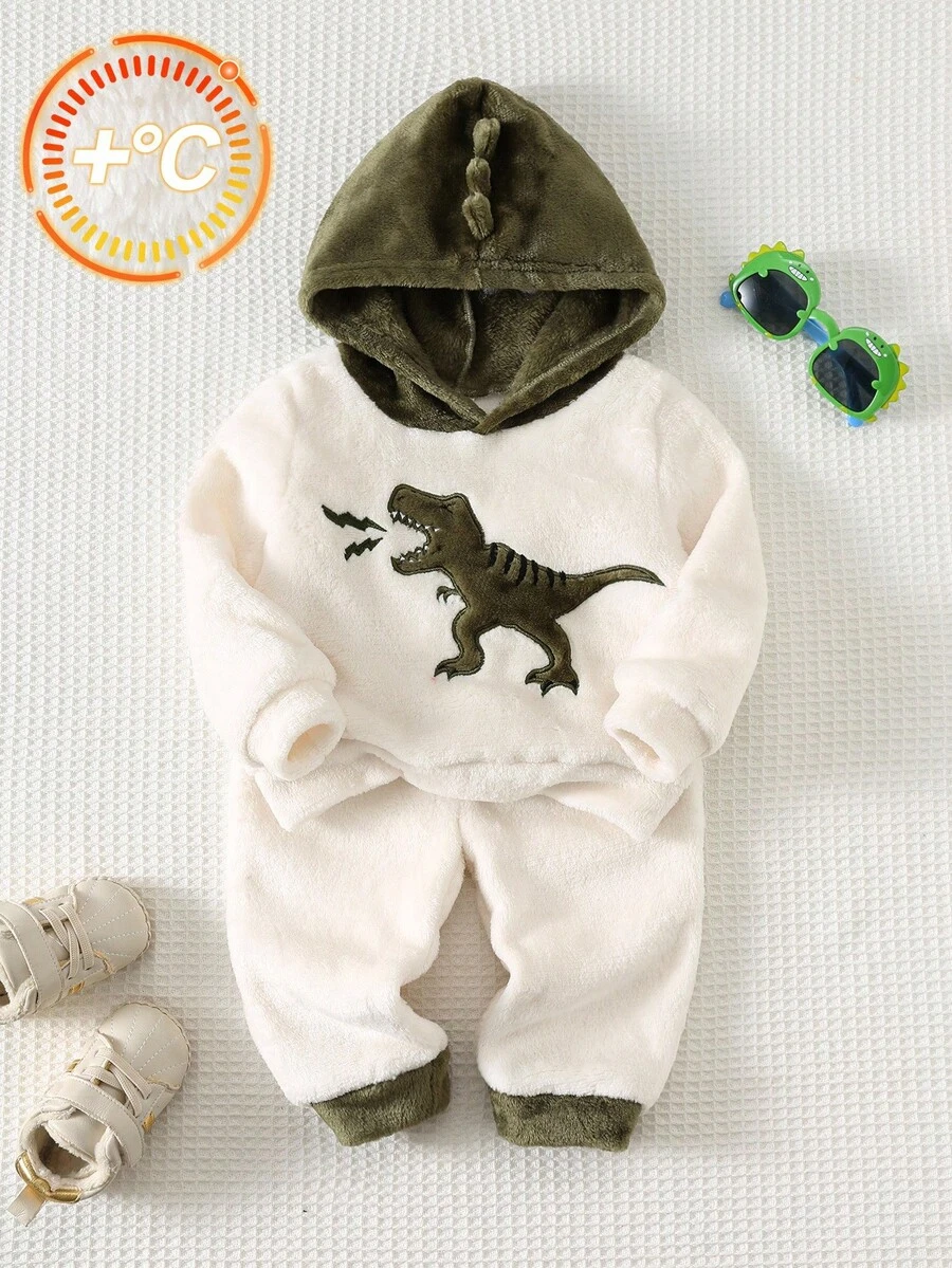 SHEIN 2件套男婴保暖恐龙图案连帽卫衣和裤子套装，舒适时尚休闲，适合室内、室外、日常穿着、运动、派对、秋冬季节度假穿着。冬季男婴服装，恐龙图案，男婴运动服，男婴连帽衫套装，秋季必备。 - 橄欖綠 - 查看 1