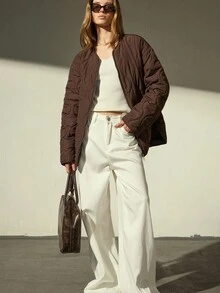 Aveloria Modichic Loose Versatile Zipper Pocket Decor Round Neck Padded Coat - Coffee Brown - View 2