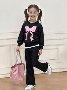 2pcs/Set Young Girl Casual Butterfly Print 2 In 1 Contrast Color T-Shirt And Sweatpants Set Fall Winter - Black - View 3