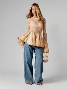 MISSGUIDED Long Sleeve Lace Peplum Blouse With Bell Sleeves And Sheer Overlay For Special Occasions - Apricot - View 3