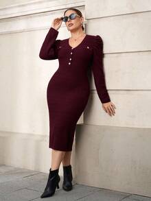 Chikora Plus Size Women Burgundy V-Neck Puff Sleeve Fitted Knit Midi Dress,Autumn Curve Elegant Cocktail Bodycon Ribbed Long Sleeve Work Office Wear Outfits - Burgundy - View 6