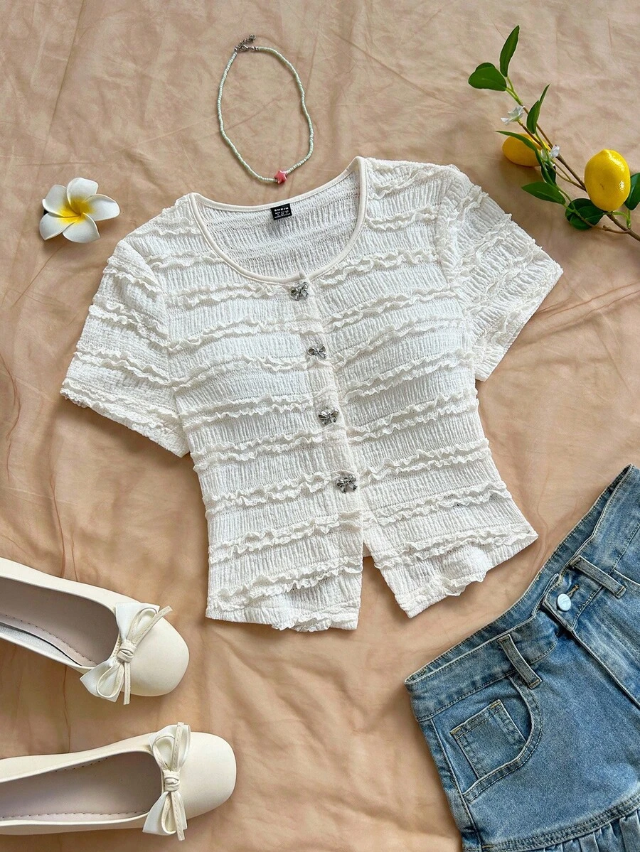 Soleia 女士度假针织白色纹理圆领开衫，精致蝴蝶结金属纽扣前开衩修身 T 恤衫，适合派对、狂欢节、下午茶 - 杏色 - 查看 1