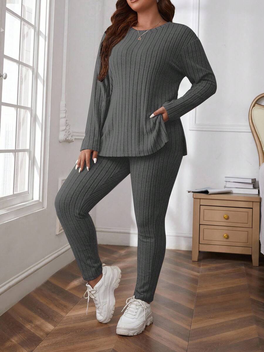 SHEIN Cottnline Plus Size Comfortable Knit Ribbed 2 Pieces Set - Dark Grey - View 1