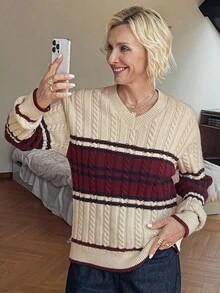 Vivie Lora Suéter Ajustado de Tricô Casual com Decote em V e Contraste de Cores