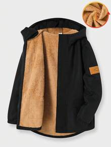 SHEIN Áo khoác dáng lửng có mũ, màu đen, dành cho bé trai tuổi teen, kiểu dáng thể thao thường ngày, có dải lông trang trí, lớp lót lông dày dặn. Thích hợp cho trẻ em đi học, dự tiệc sinh nhật, tiệc tối, biểu diễn, lễ khai mạc, mặc hàng ngày, đi học, chơi thể thao, thích hợp cho mùa thu và mùa đông. - màu đen - Xem 5