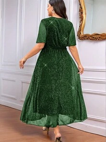 SHEIN Clasi Đầm dài dự tiệc tay chuông bất đối xứng họa tiết ren xẻ sâu Celure cỡ lớn dành cho nữ - màu xanh lá - Xem 2