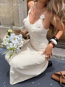 SHEIN Frenchy Elegant Off-White 3D Floral Backless Knit Dress,Autumn Holiday Tea Party Camisole Long Sweater Dresses,Fitted Bodycon Wedding Guest Dress For Women - Apricot - View 7