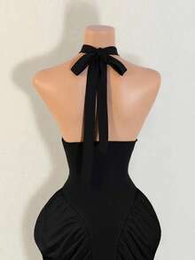 Mistrie Rochie Midi elegantă de vară vintage, fără mâneci, cu guler înalt, cu halter în contrast, cu talie plisată, mulată, pentru femei - Negru - Vizualizare 4