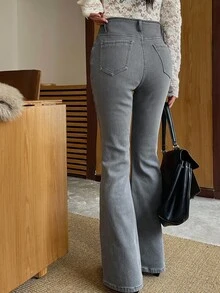 DAZY 女式高腰喇叭牛仔裤，加厚保暖内衬，修身剪裁，及踝长度 - 藍色 - 查看 2